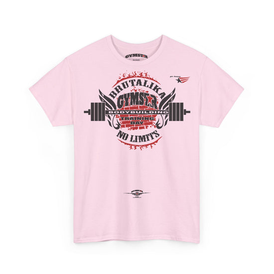 A light pink short-sleeve crewneck t-shirt featuring a large graphic print on the front. The graphic displays a barbell with wings and the text 'BRUTALIKA GYMSTAR' in black and red, along with 'NO LIMITS' and a small logo on the inside neck label.