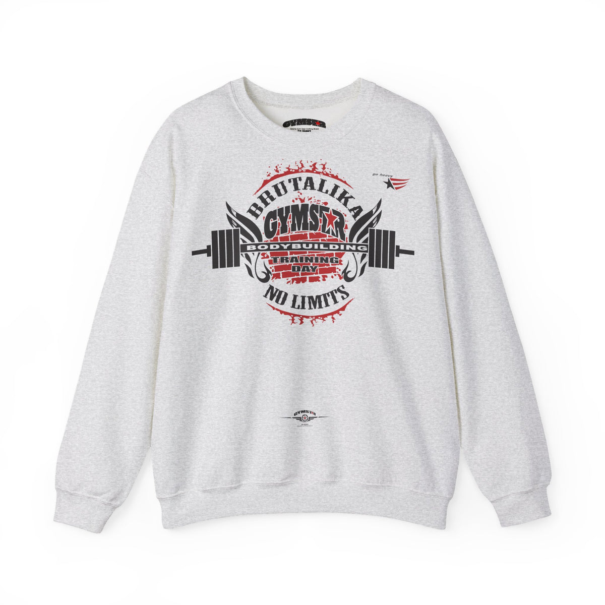 A light heather gray crewneck sweatshirt featuring a large graphic print on the front with a barbell, wings, and the text 'BRUTALIKA GYMSTAR GYMNASTICS MI LIMITS' in black and red.