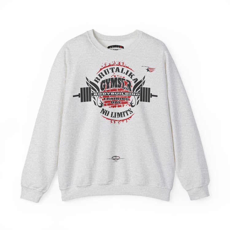 A light heather gray crewneck sweatshirt featuring a large graphic print on the front with a barbell, wings, and the text 'BRUTALIKA GYMSTAR GYMNASTICS MI LIMITS' in black and red.