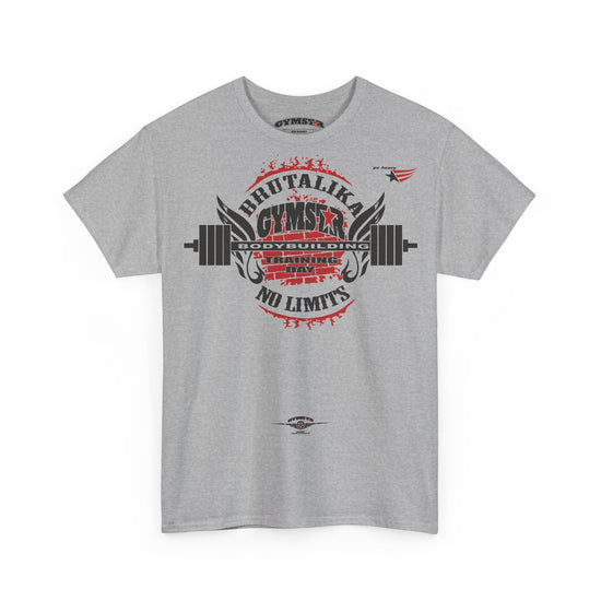 A heather gray short-sleeve t-shirt with a large graphic on the front. The graphic features a circular red and black design with a barbell, the words 'BRUTALIKA GYMSTAR' (stylized), 'TRAINING', and 'NO LIMITS'.