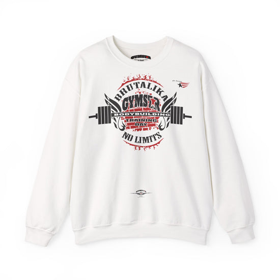 An off-white crewneck sweatshirt featuring a large graphic print on the front with a barbell, wings, and the text 'BRUTALIKA GYMSTAR COVENANT BARRING' and 'NO LIMITS' in red and black.