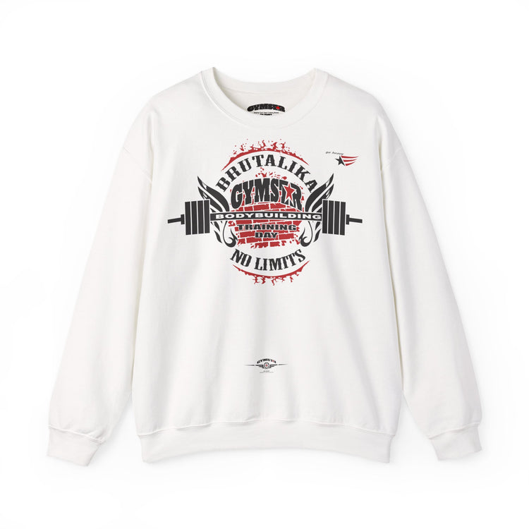 An off-white crewneck sweatshirt featuring a large graphic print on the front with a barbell, wings, and the text 'BRUTALIKA GYMSTAR COVENANT BARRING' and 'NO LIMITS' in red and black.