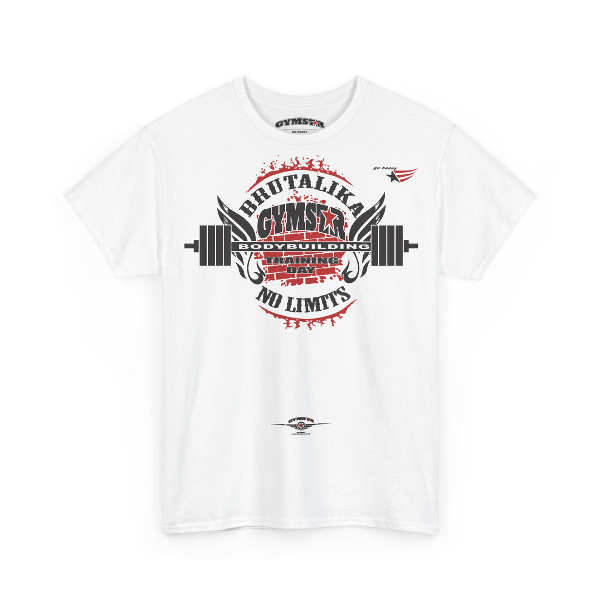 A white short-sleeve crewneck t-shirt featuring a large graphic print on the front. The graphic displays a barbell with wings, the text 'BRUTALIKA GYMNSIS' in red and black, 'COVERAGE' in white, and 'NO LIMITS' in red, with a small logo printed below the center.