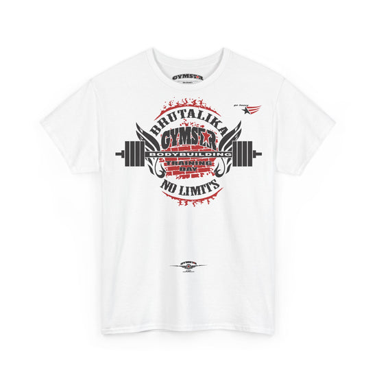 A white short-sleeve crewneck t-shirt featuring a large graphic print on the front. The graphic displays a barbell with wings, the text 'BRUTALIKA GYMNSIS' in red and black, 'COVERAGE' in white, and 'NO LIMITS' in red, with a small logo printed below the center.