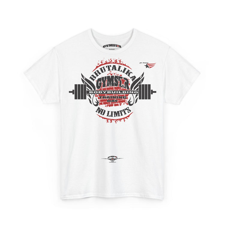A white short-sleeve crewneck t-shirt featuring a large graphic print on the front. The graphic displays a barbell with wings, the text 'BRUTALIKA GYMNSIS' in red and black, 'COVERAGE' in white, and 'NO LIMITS' in red, with a small logo printed below the center.