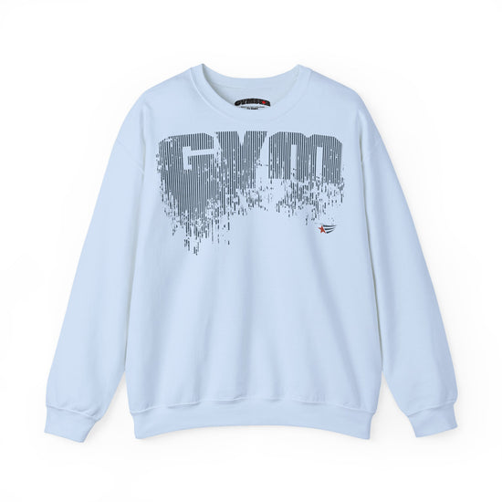 A light blue crewneck sweatshirt featuring a large, stylized 'GYM' graphic in gray on the chest with a vertical striped texture and a small red and white logo on the lower right of the graphic.