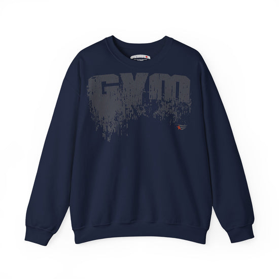 A navy blue crewneck sweatshirt featuring a large, distressed gray 'GYM' graphic on the chest and a small red and blue logo on the lower right front, displayed on a clean white background.