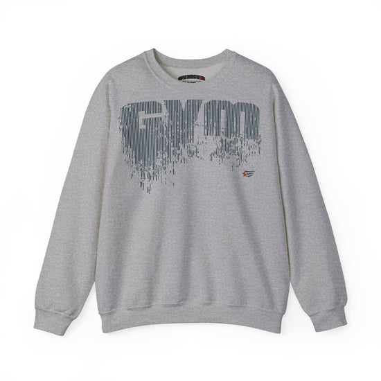 A light gray crewneck sweatshirt featuring a distressed, vertical-stripe style 'GYM' graphic in dark gray across the chest, with a small red and blue logo on the lower right chest, displayed on a clean white background.
