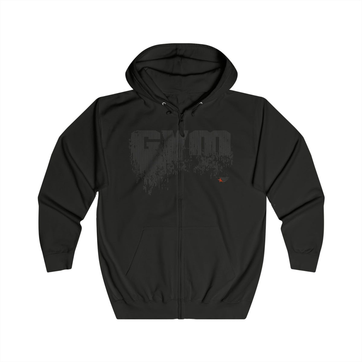 Black hoodie with 'GYM LOVEFLUX' text on a white background