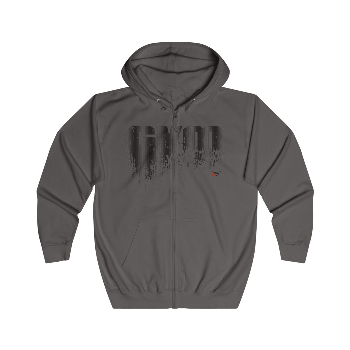 A dark gray zip-up hoodie with a distressed black 'GYM' graphic on the chest and a small red logo accent, displayed on a clean white background.