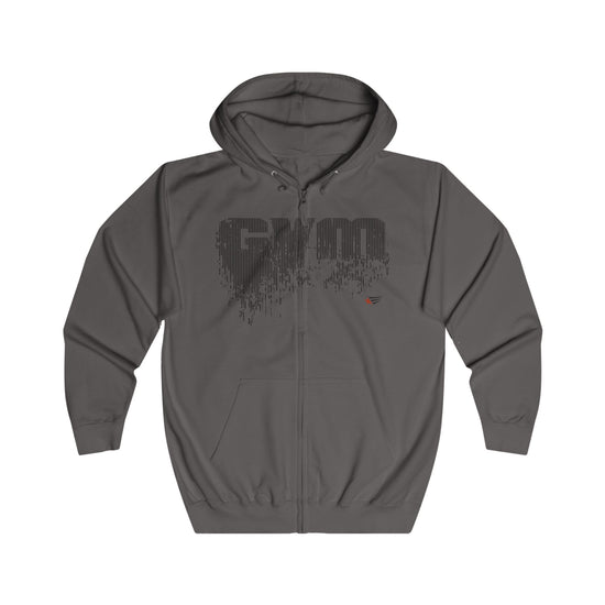 A dark gray zip-up hoodie with a distressed black 'GYM' graphic on the chest and a small red logo accent, displayed on a clean white background.