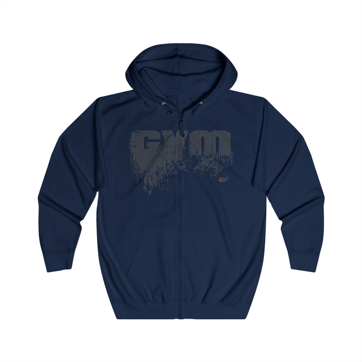 A navy blue zip-up hoodie with a large distressed gray 'GYM' graphic on the chest and a small red and blue logo on the lower right chest, displayed on a solid white background.
