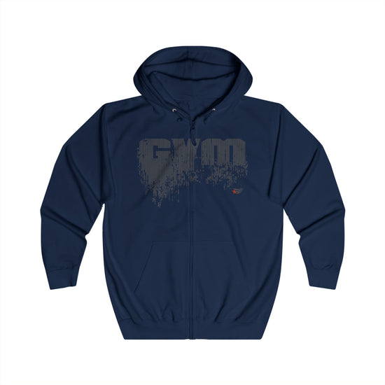 A navy blue zip-up hoodie with a large distressed gray 'GYM' graphic on the chest and a small red and blue logo on the lower right chest, displayed on a solid white background.