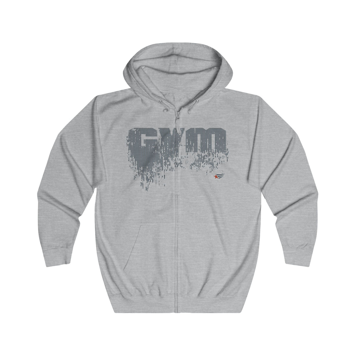 A light gray heather zip-up hoodie with a distressed dark gray 'GYM' graphic on the chest and a small red and blue logo on the lower right chest, displayed on a solid white background.