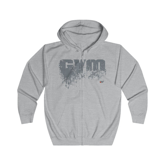 A light gray heather zip-up hoodie with a distressed dark gray 'GYM' graphic on the chest and a small red and blue logo on the lower right chest, displayed on a solid white background.