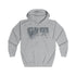 A light gray heather zip-up hoodie with a distressed dark gray 'GYM' graphic on the chest and a small red and blue logo on the lower right chest, displayed on a solid white background.