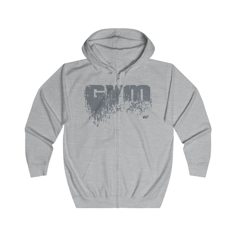 A light gray heather zip-up hoodie with a distressed dark gray 'GYM' graphic on the chest and a small red and blue logo on the lower right chest, displayed on a solid white background.