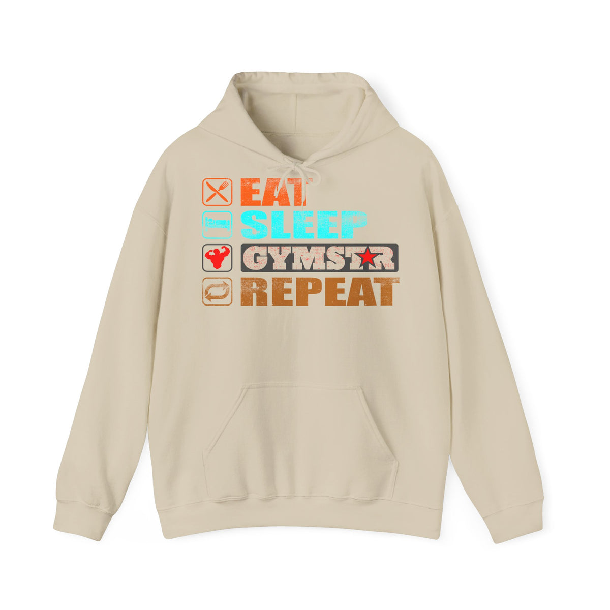 A beige pullover hoodie with a graphic text design on the chest reading 'EAT SLEEP GYMSTAR REPEAT' with small fitness-themed icons, shown on a plain white background.