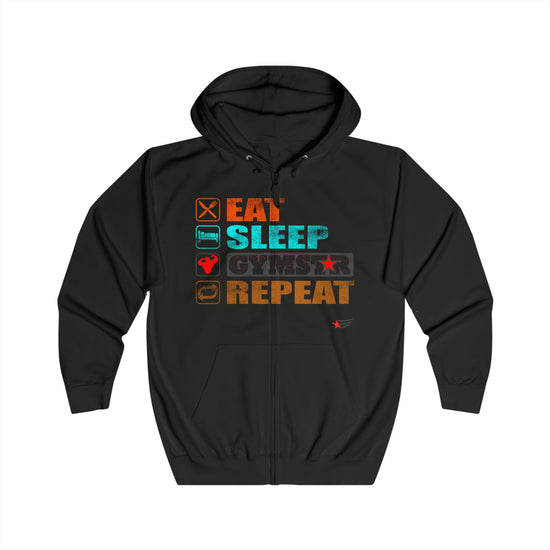 A black zip-up hoodie with a graphic on the chest that reads 'EAT SLEEP GYMSTAR REPEAT' in orange, teal, and gray block letters, shown on a plain white background.