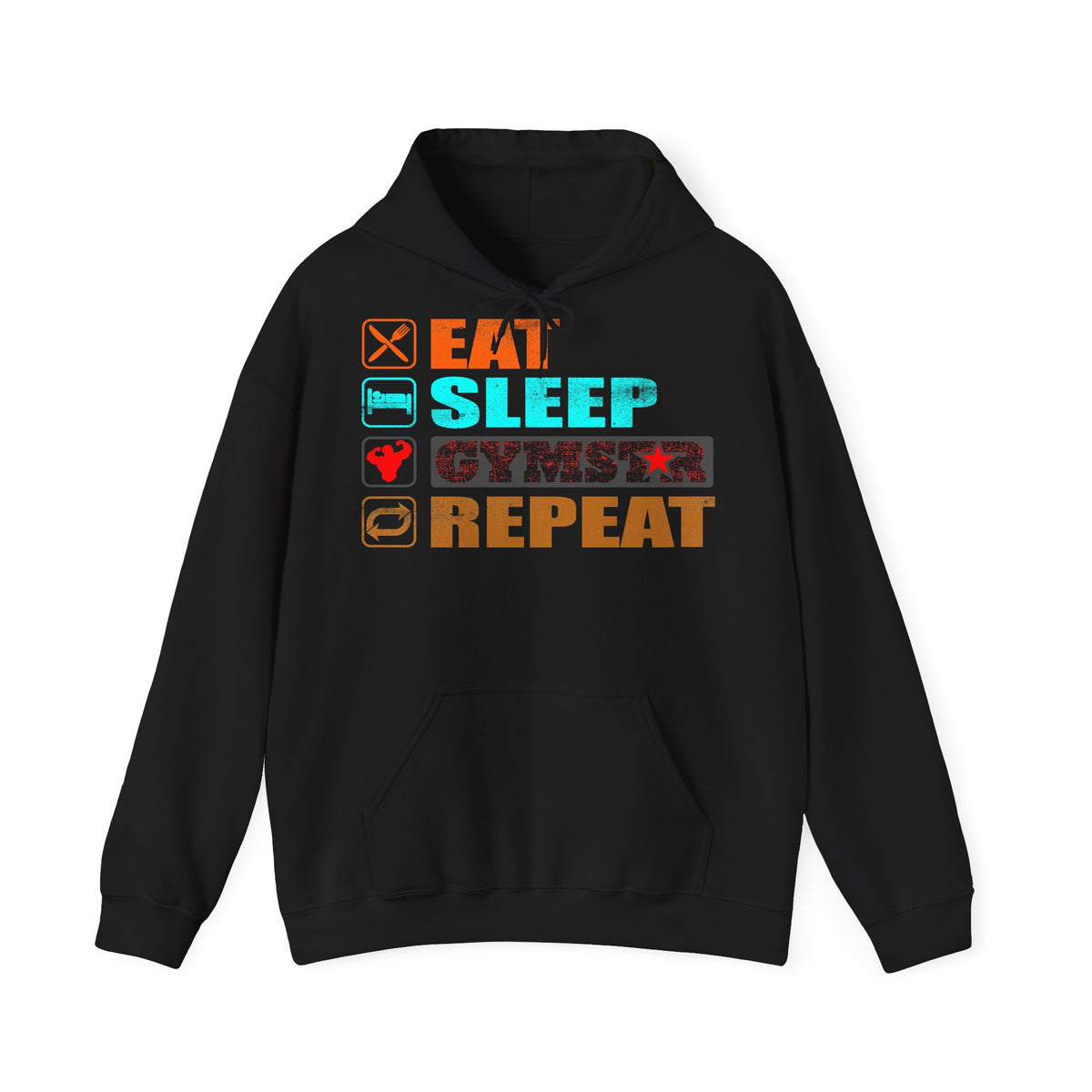 A black pullover hoodie with a colorful graphic on the chest reading 'EAT SLEEP GYMSTAR REPEAT' with corresponding food, bed, heart, and clock icons, shown on a plain white background.