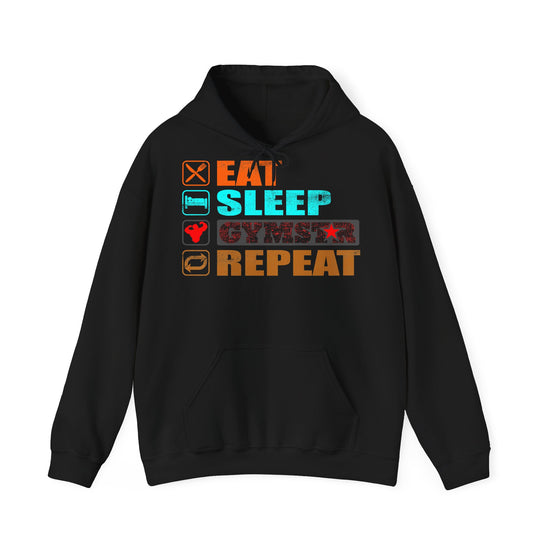 A black pullover hoodie with a colorful graphic on the chest reading 'EAT SLEEP GYMSTAR REPEAT' with corresponding food, bed, heart, and clock icons, shown on a plain white background.