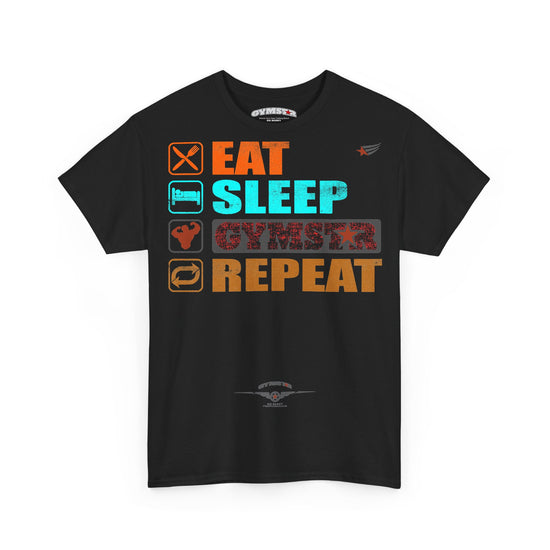 A black short-sleeve t-shirt with a colorful graphic on the front reading 'EAT SLEEP GYMSTАR REPEAT' with corresponding icons, shown on a plain white background.