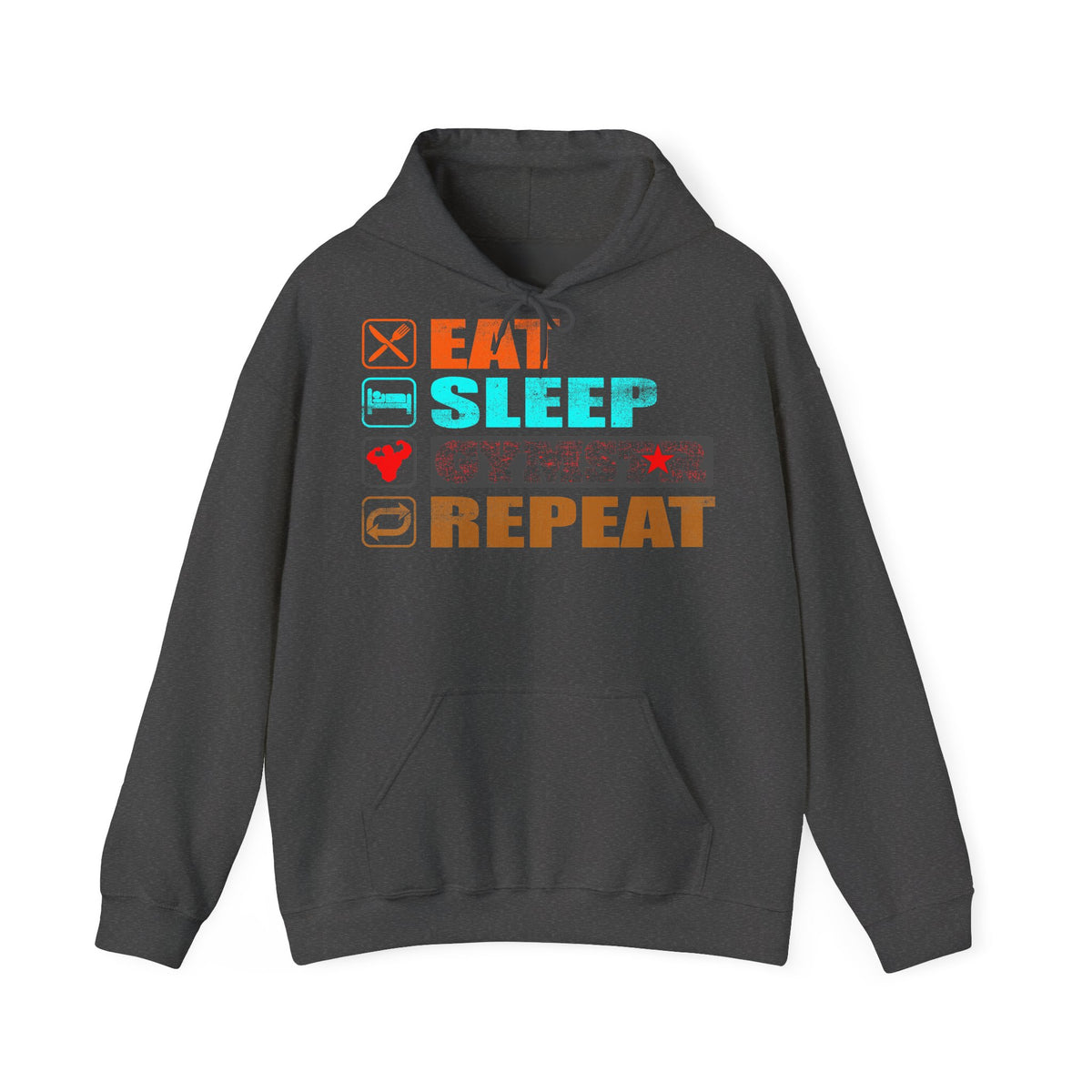 A dark gray pullover hoodie with a colorful graphic on the chest that reads 'EAT SLEEP GYMSTAR REPEAT' with small icons above each word, shown on a plain white background.