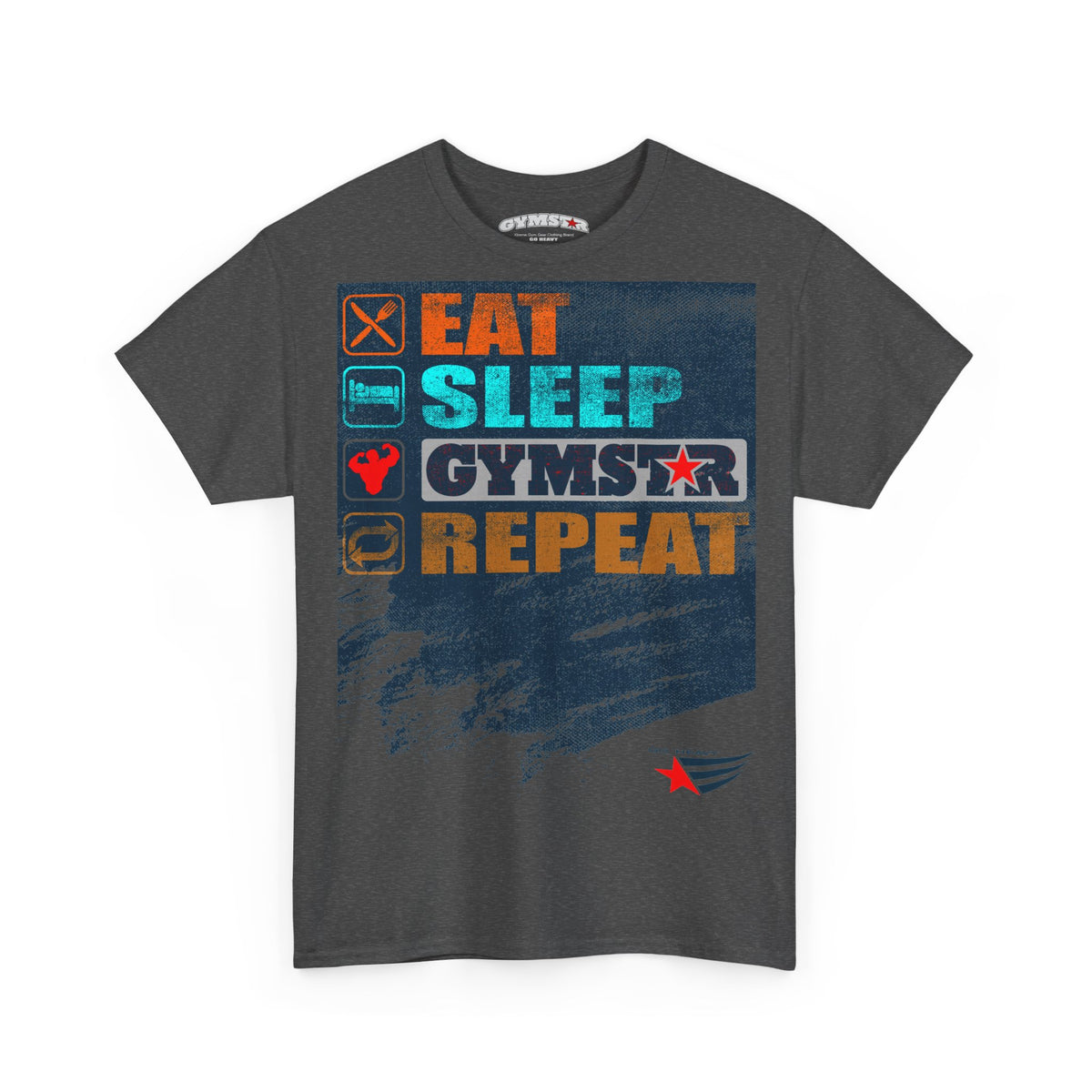 A dark gray crewneck t-shirt featuring a colorful graphic print on the front with the text 'EAT SLEEP GYMSTAR REPEAT' and various gym-themed icons, displayed against a plain white background.