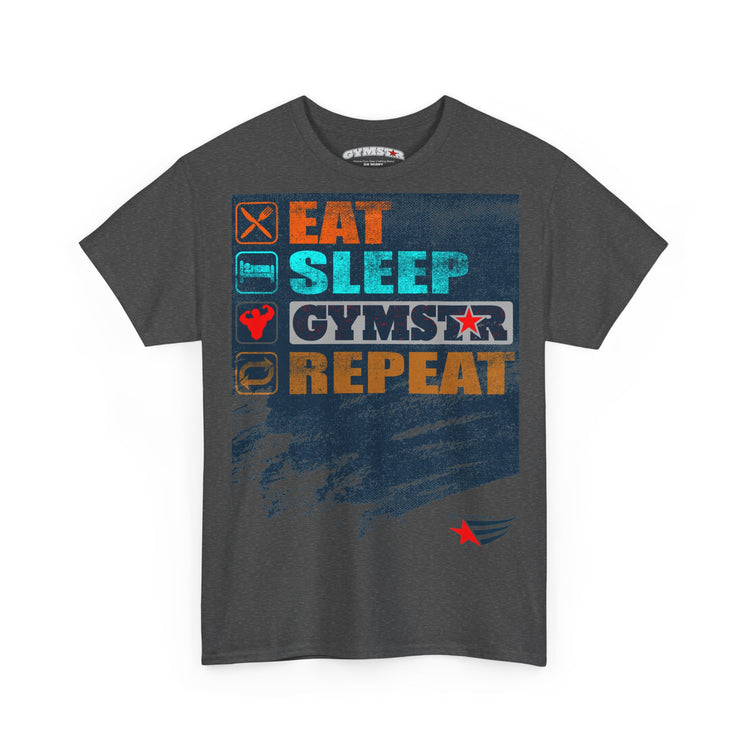 A dark gray crewneck t-shirt featuring a colorful graphic print on the front with the text 'EAT SLEEP GYMSTAR REPEAT' and various gym-themed icons, displayed against a plain white background.