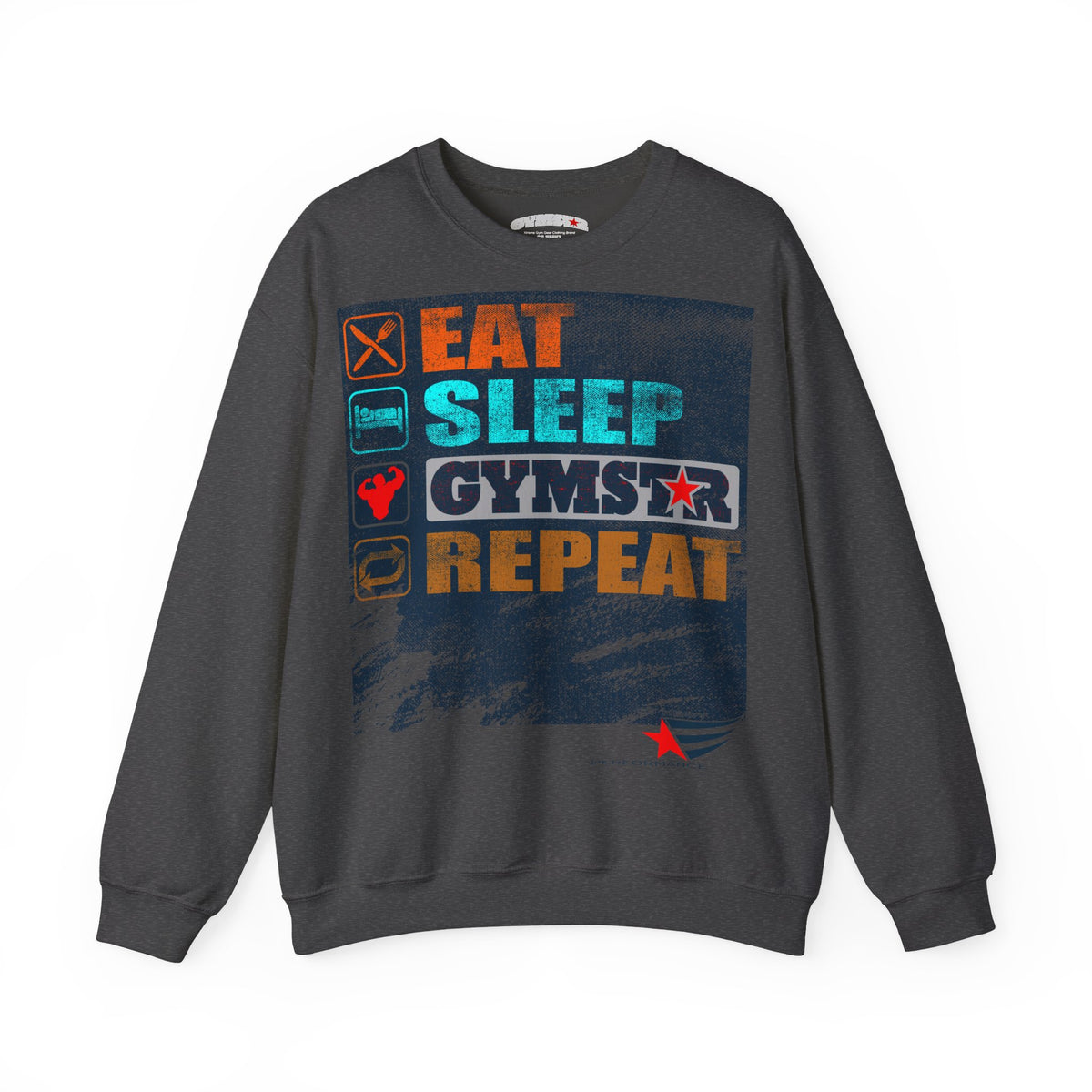 A dark gray crewneck sweatshirt featuring a colorful graphic print on the front with the text 'EAT SLEEP GYMSTAR REPEAT' and small fitness-themed icons, shown against a plain white background.