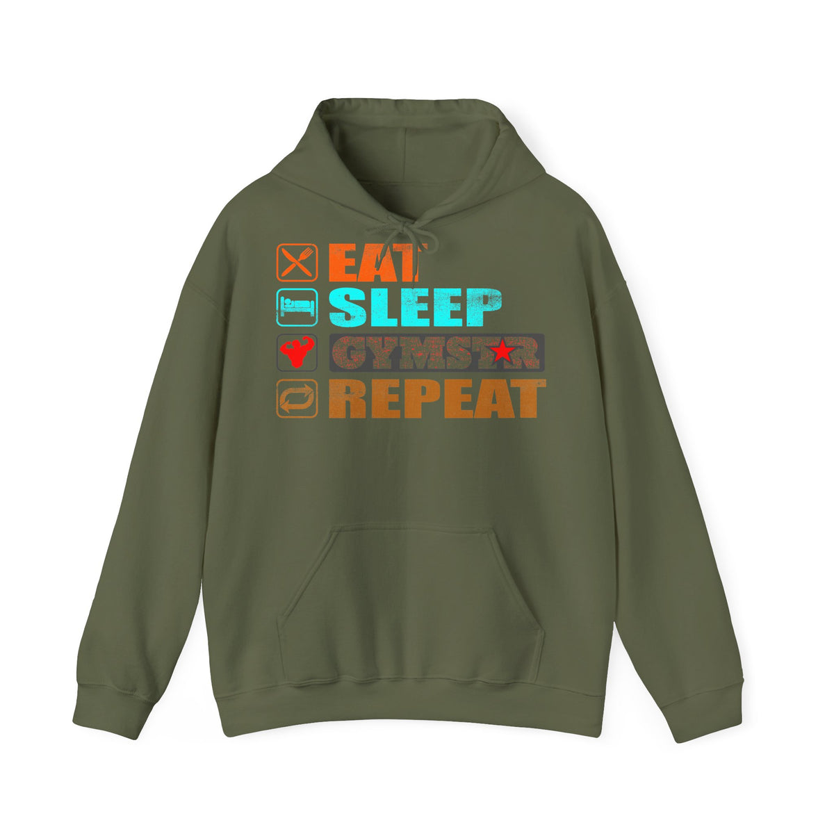 An olive green pullover hoodie with a colorful graphic on the chest reading 'EAT SLEEP GYMSTAR REPEAT' with small icons above each word, shown on a plain white background.
