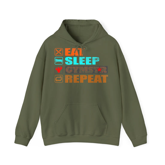 An olive green pullover hoodie with a colorful graphic on the chest reading 'EAT SLEEP GYMSTAR REPEAT' with small icons above each word, shown on a plain white background.