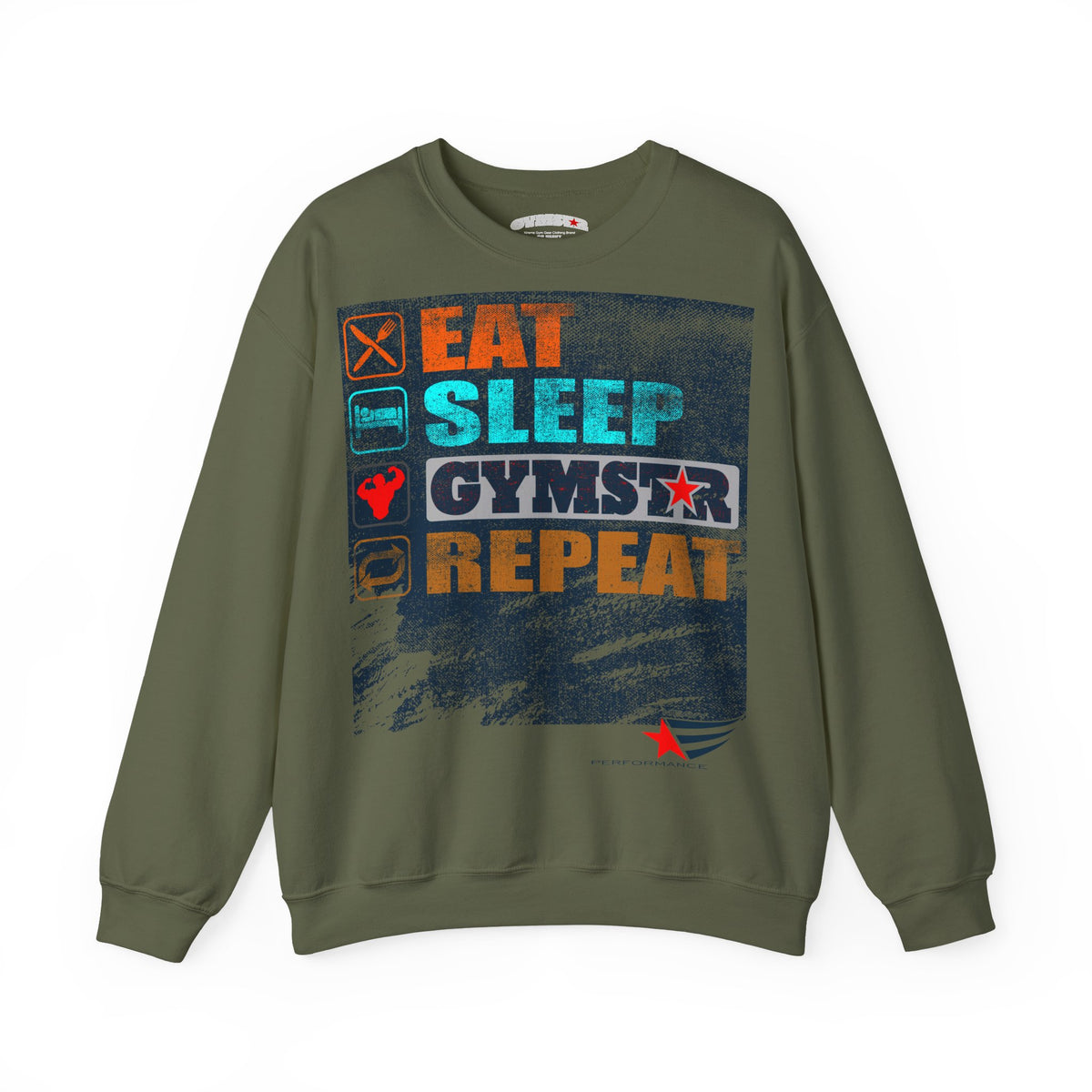An olive green crewneck sweatshirt with a distressed graphic on the chest that reads 'EAT SLEEP GYMSTAR REPEAT' in orange, blue, and white text, accompanied by small fitness icons.