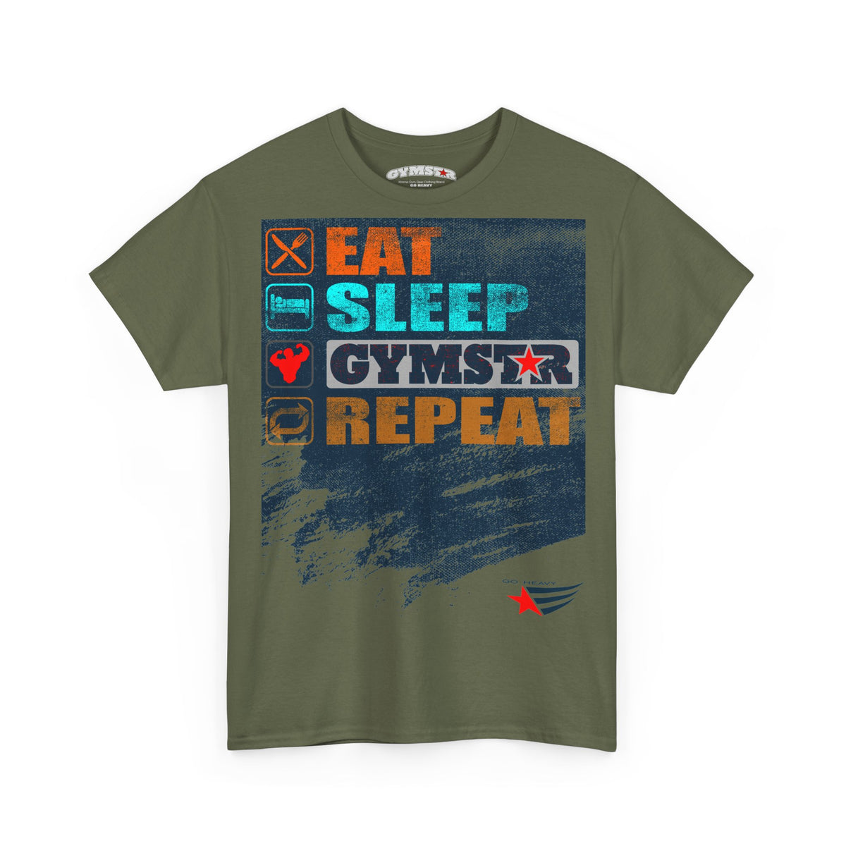 An olive green crewneck t-shirt with a distressed graphic on the front that reads 'EAT SLEEP GYMSTAR REPEAT' in orange and blue text over a dark blue background, with small icons representing sleep, food, and strength.