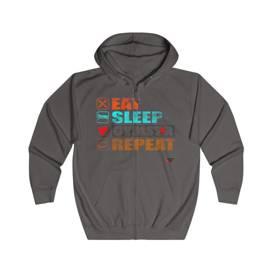 A dark gray zip-up hoodie with a graphic print on the chest reading 'EAT SLEEP GYMSTAR REPEAT' in orange, teal, and gray, with small fitness icons above each word. The hoodie is shown flat against a plain white background.