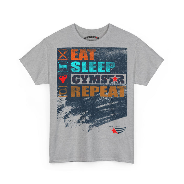 A heather gray short-sleeve t-shirt with a colorful graphic print on the front. The graphic features the words 'EAT SLEEP GYMSTAR REPEAT' in orange, teal, and white block letters over a dark blue distressed background, with small gym-themed icons on the left.