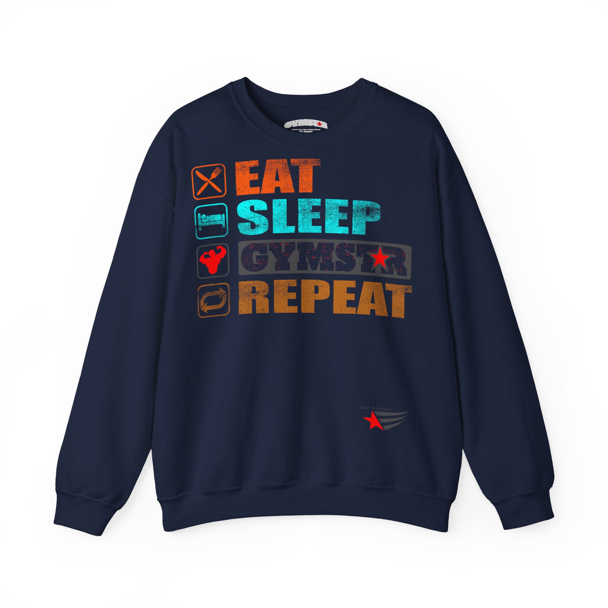 A navy blue crewneck sweatshirt featuring a colorful graphic on the chest that reads 'EAT SLEEP GYMSTAR REPEAT' with fitness-themed icons, and a small red star logo near the lower right front.