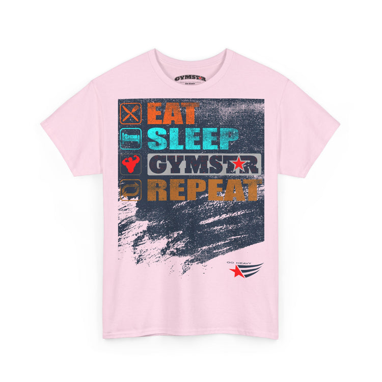 A light pink short-sleeve t-shirt with a large graphic print on the front. The graphic features the words 'EAT SLEEP GYMSTAR REPEAT' in various colors (orange, teal, white, black) over a distressed dark blue background with a paint stroke effect.
