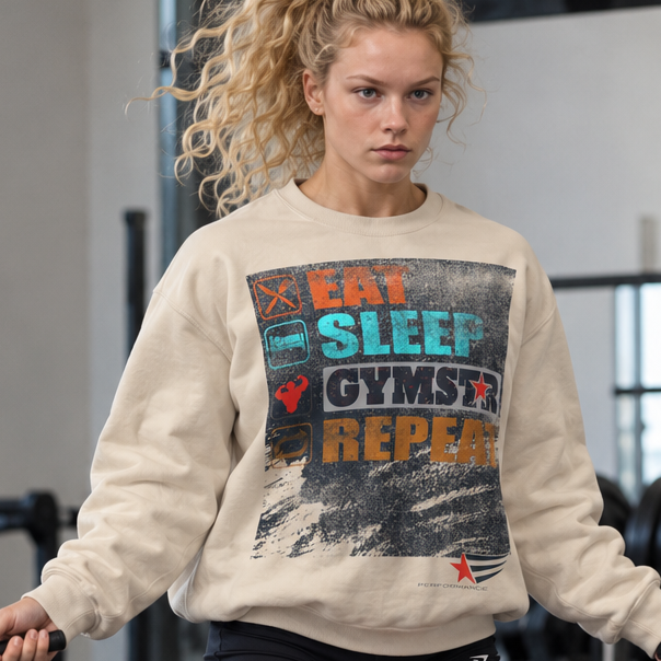 Emelie Johansson jumping rope in a gym, wearing a sand-colored GYMSTAR Eat Sleep Repeat crewneck sweatshirt with a colorful distressed graphic.