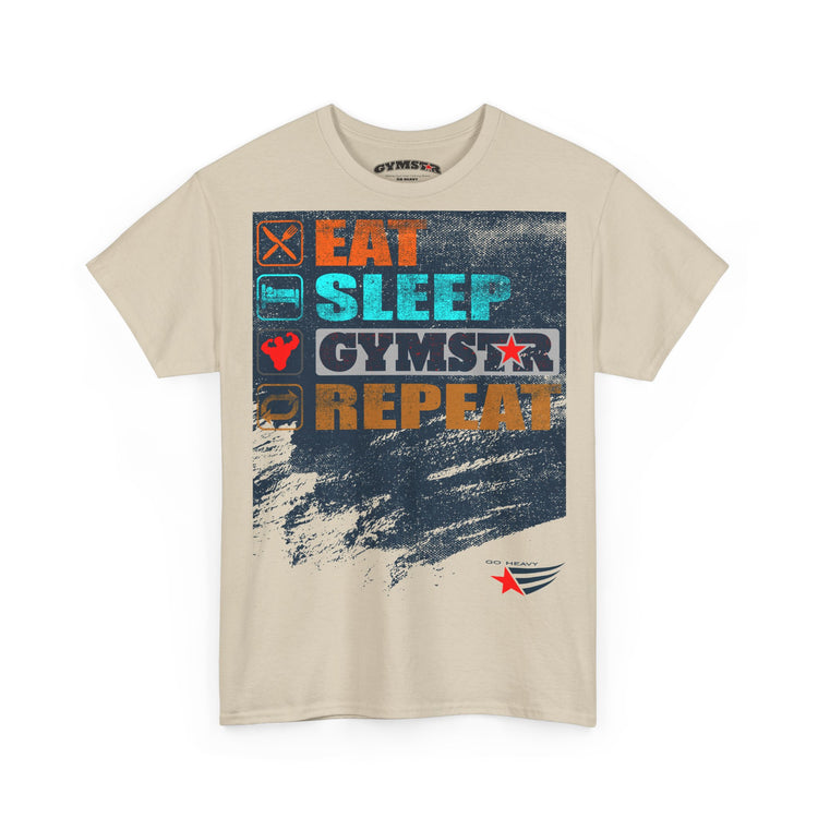 A beige short-sleeve t-shirt with a distressed graphic print on the front. The graphic features the words 'EAT SLEEP GYMSTAR REPEAT' in orange, teal, and white block letters over a dark blue textured background, with small gym-related icons on the left and a small red wing logo near the bottom right.
