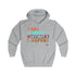 A light heather gray zip-up hoodie with a graphic print on the chest reading 'EAT SLEEP GYMSTAR REPEAT' in orange, teal, and black, shown against a plain white background.