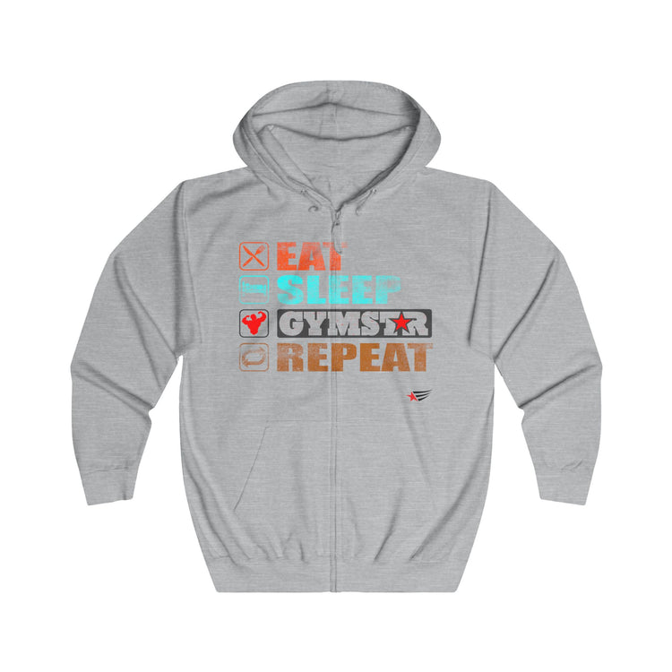 A light heather gray zip-up hoodie with a graphic print on the chest reading 'EAT SLEEP GYMSTAR REPEAT' in orange, teal, and black, shown against a plain white background.