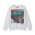 A light gray crewneck sweatshirt featuring a large rectangular graphic print on the front with the words 'EAT SLEEP GYMSTAR REPEAT' in various colors over a distressed gray background.
