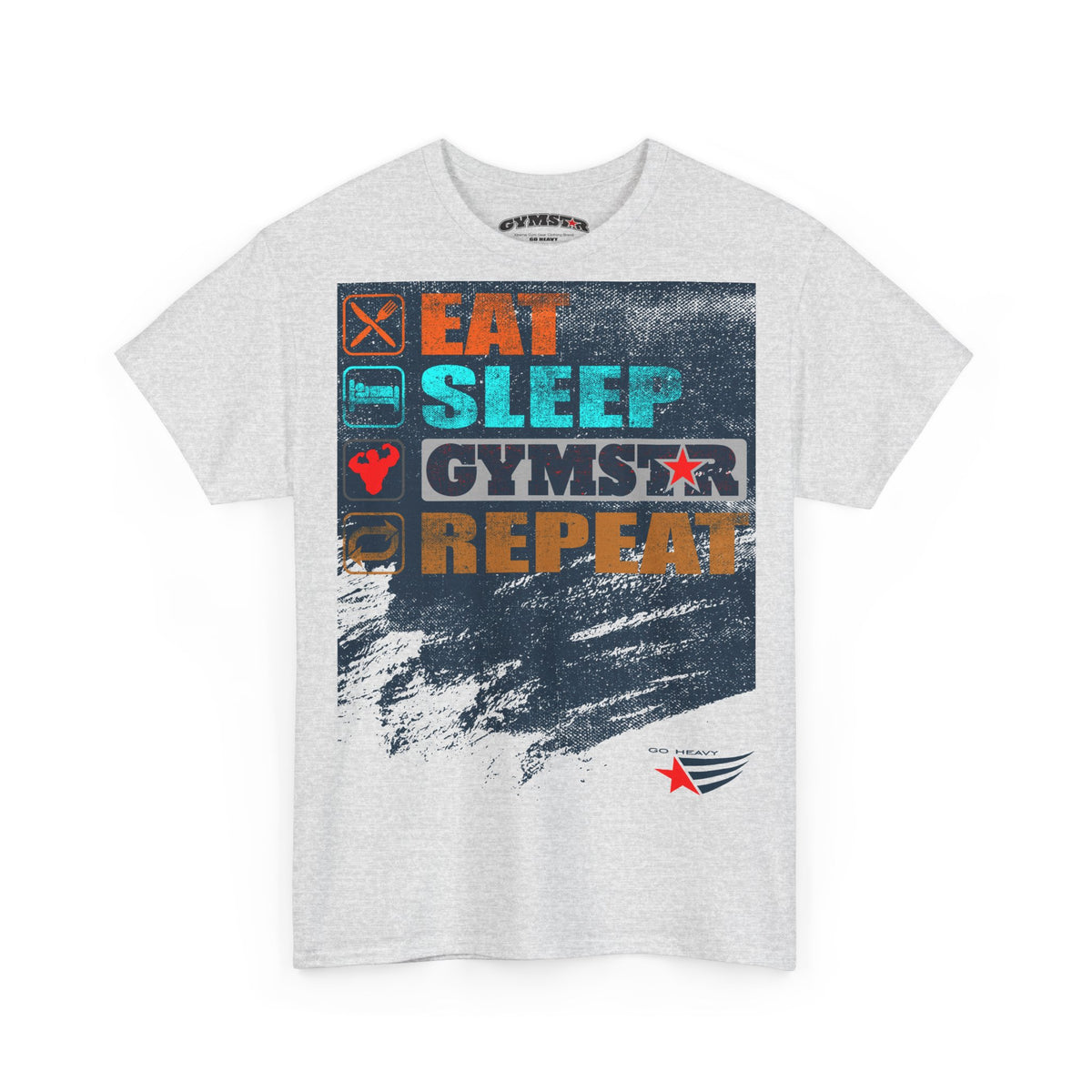 A light heather gray short-sleeve t-shirt with a colorful graphic print on the front. The graphic features the words 'EAT SLEEP GYMSTAR REPEAT' in orange, teal, and white block letters over a dark navy textured background with small fitness-themed icons.