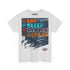 A light heather gray short-sleeve t-shirt with a colorful graphic print on the front. The graphic features the words 'EAT SLEEP GYMSTAR REPEAT' in orange, teal, and white block letters over a dark navy textured background with small fitness-themed icons.