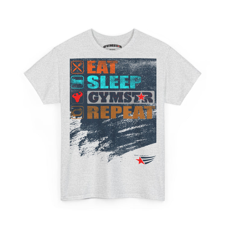 A light heather gray short-sleeve t-shirt with a colorful graphic print on the front. The graphic features the words 'EAT SLEEP GYMSTAR REPEAT' in orange, teal, and white block letters over a dark navy textured background with small fitness-themed icons.