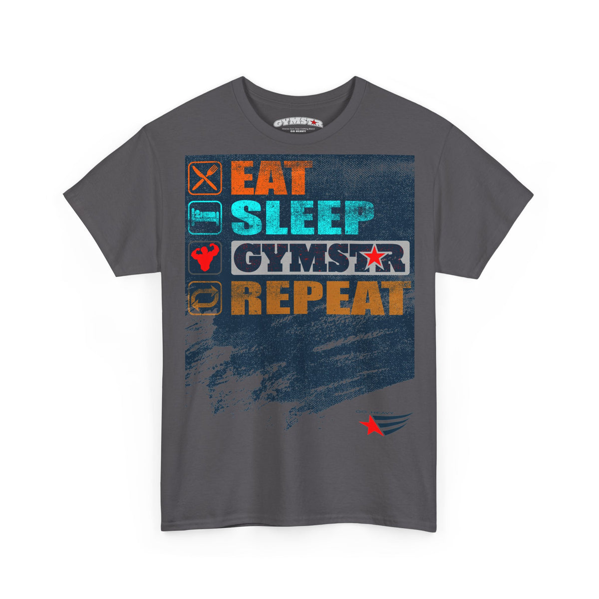 A dark gray crewneck t-shirt featuring a colorful graphic print on the front with the words 'EAT SLEEP GYMSTAR REPEAT' in orange, blue, and white, alongside small fitness-themed icons.