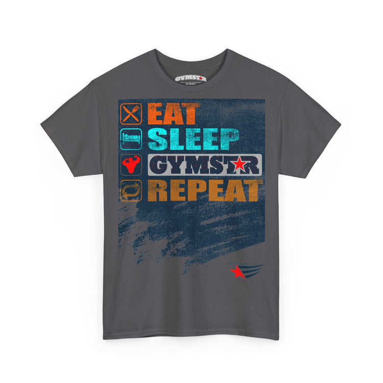 A dark gray crewneck t-shirt featuring a colorful graphic print on the front with the words 'EAT SLEEP GYMSTAR REPEAT' in orange, blue, and white, alongside small fitness-themed icons.