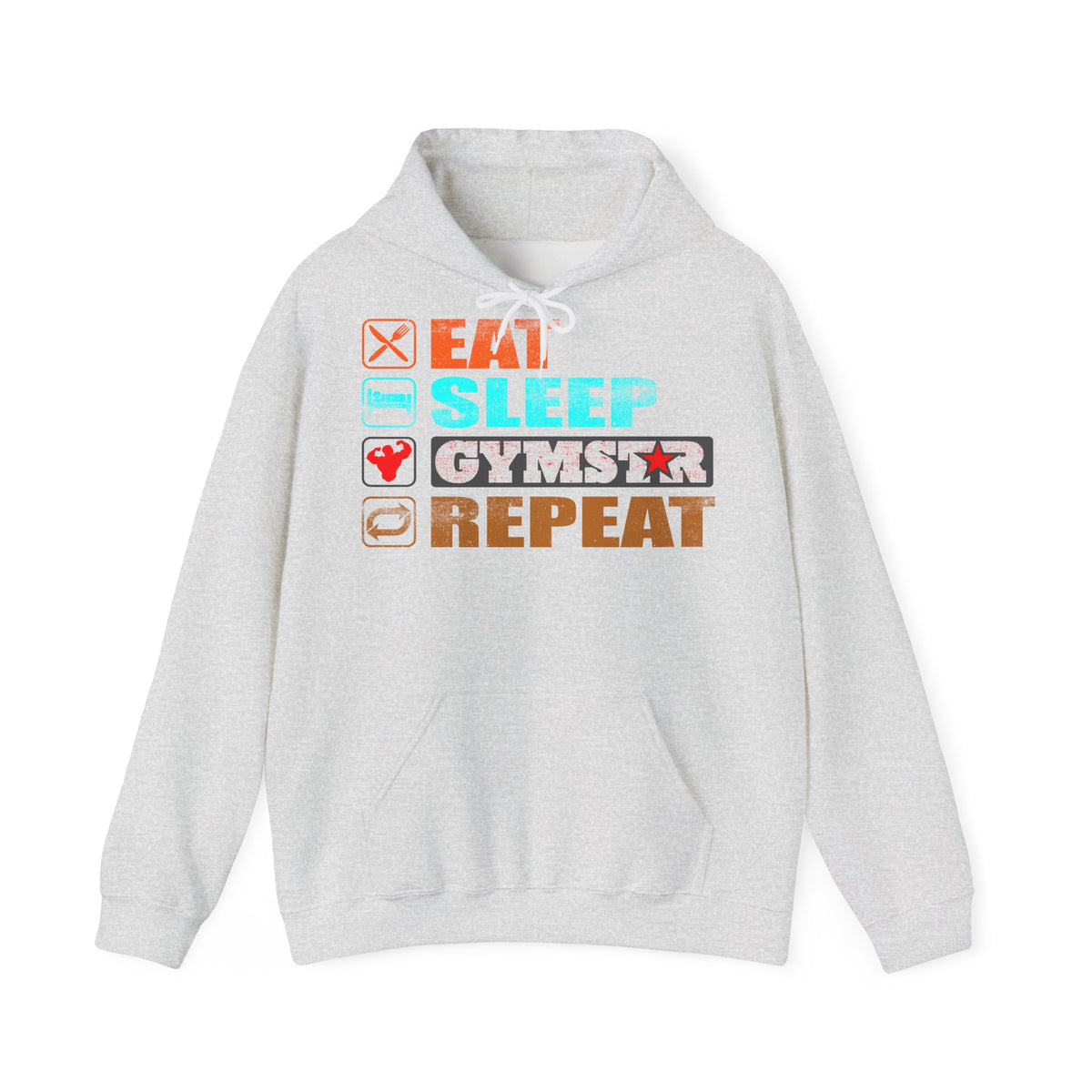 A light heather gray pullover hoodie with a graphic on the chest reading 'EAT SLEEP GYMSTAR REPEAT' with small fitness-themed icons above each word, shown on a plain white background.