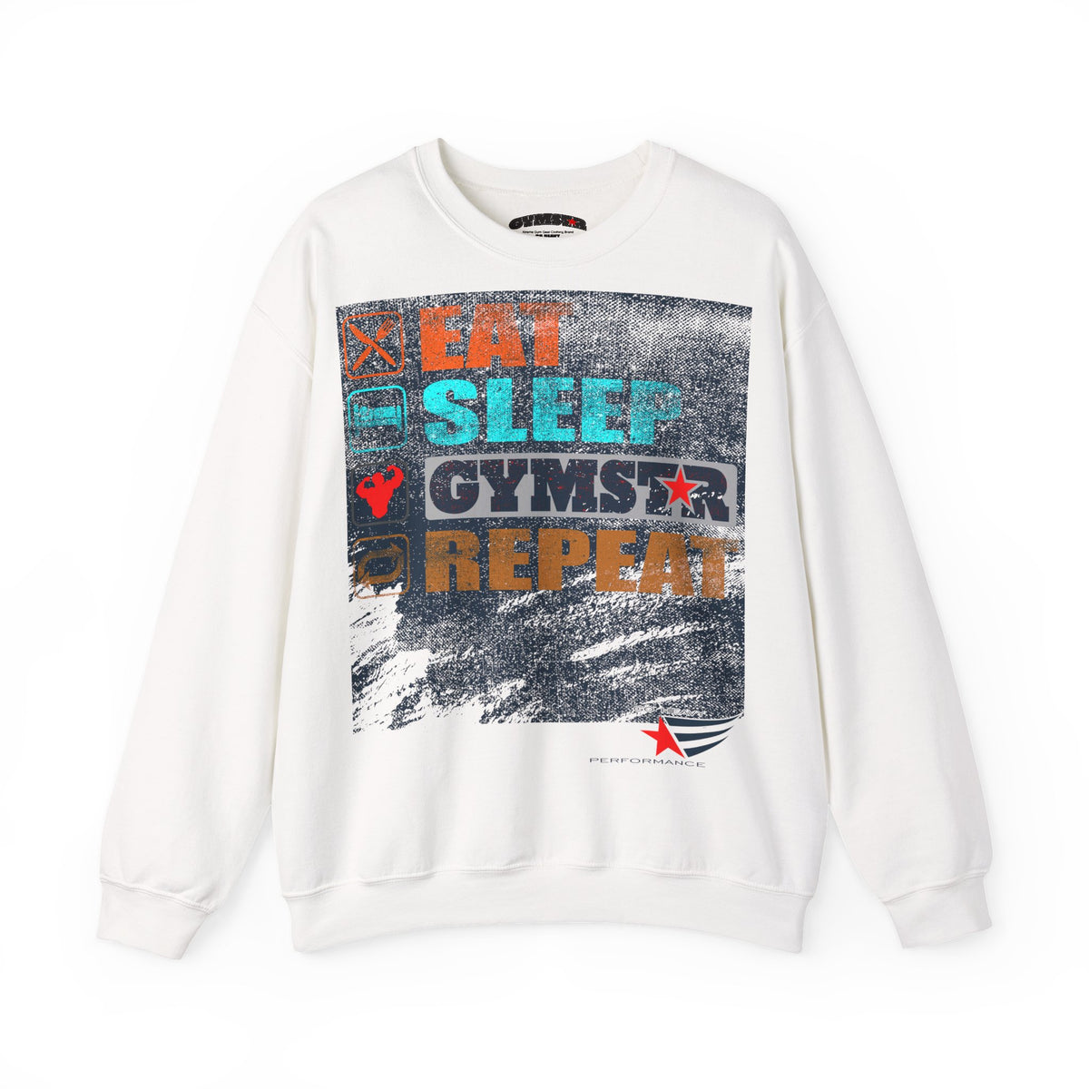An off-white crewneck sweatshirt featuring a large distressed graphic print on the front with the text 'EAT SLEEP GYMSTAR REPEAT' in orange, teal, and black, along with a small red star logo near the bottom right of the graphic.